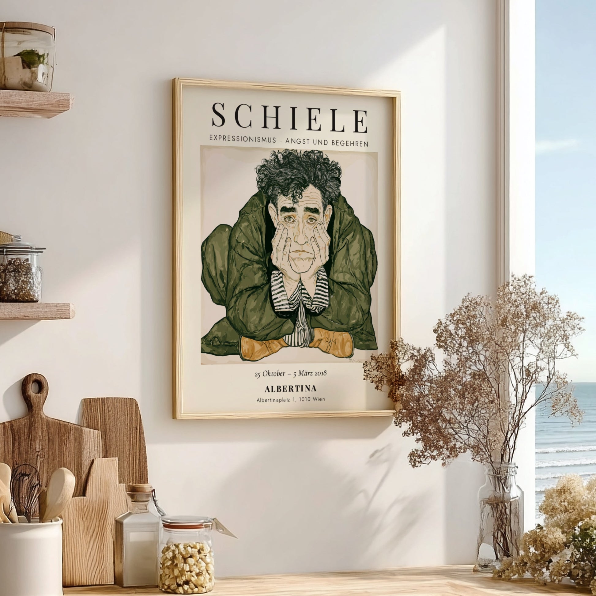 Egon Schiele exhibition poster featuring expressive illustration and muted tones