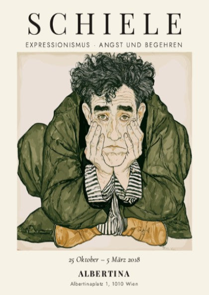 Egon Schiele exhibition poster featuring expressive illustration and muted tones