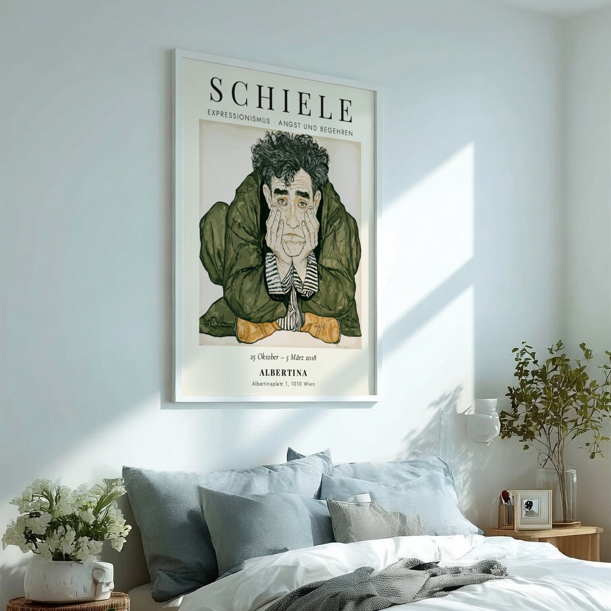 Egon Schiele exhibition poster featuring expressive illustration and muted tones