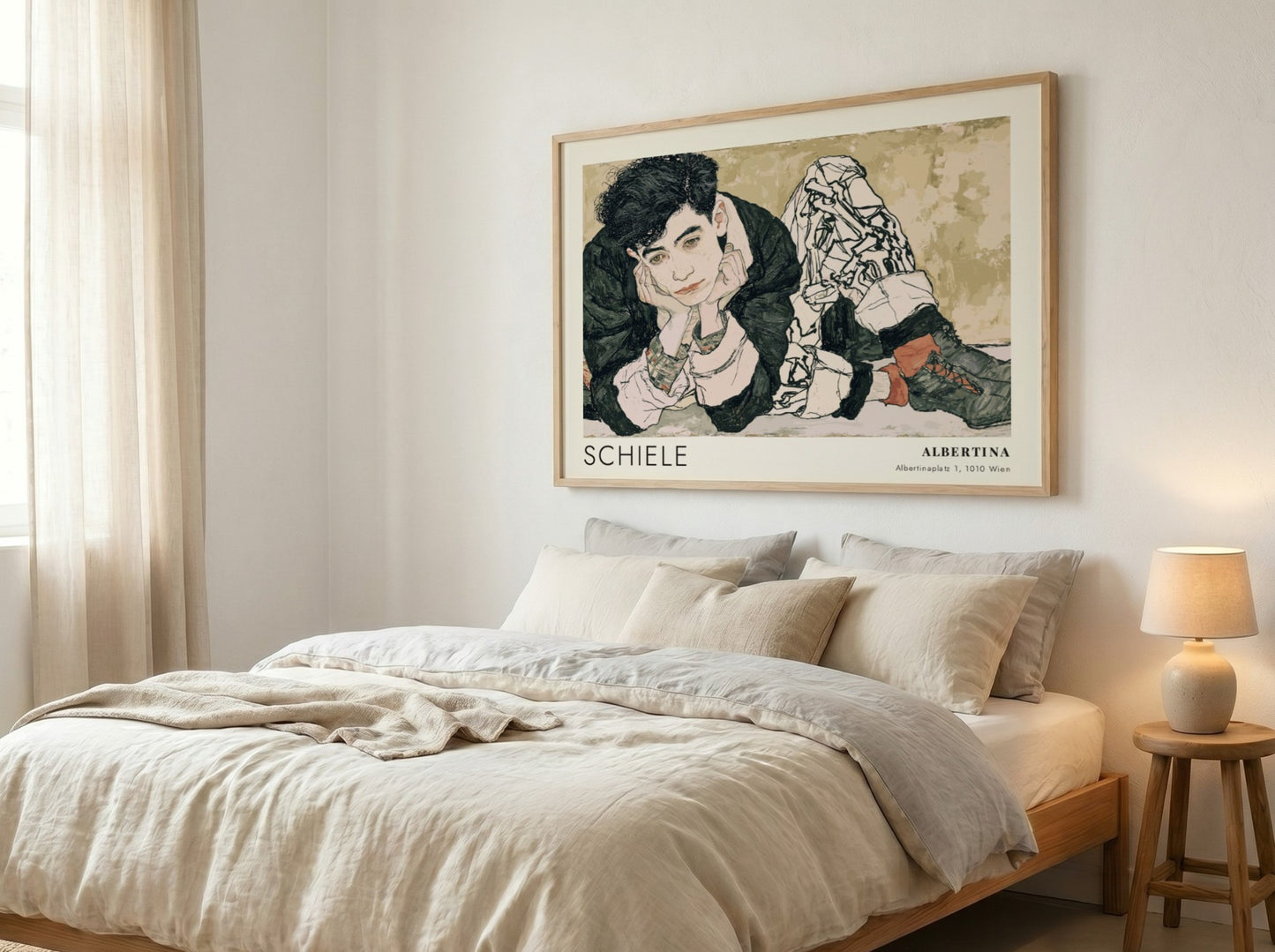Wall art poster featuring an Egon Schiele portrait with Albertina text in muted tones.