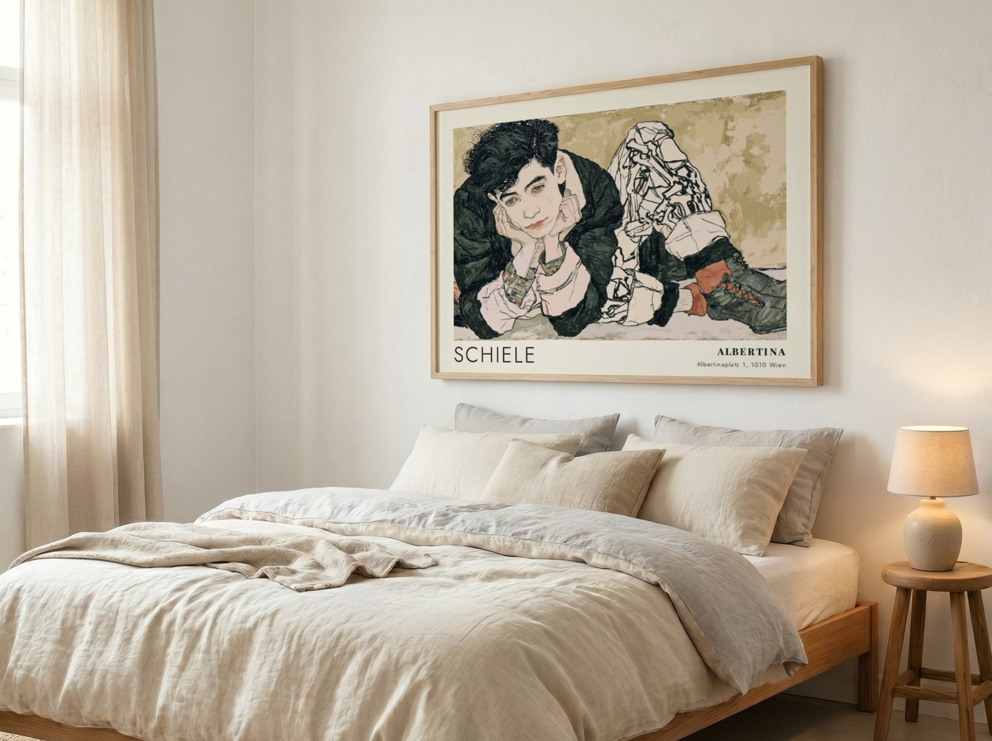Wall art poster featuring an Egon Schiele portrait with Albertina text in muted tones.