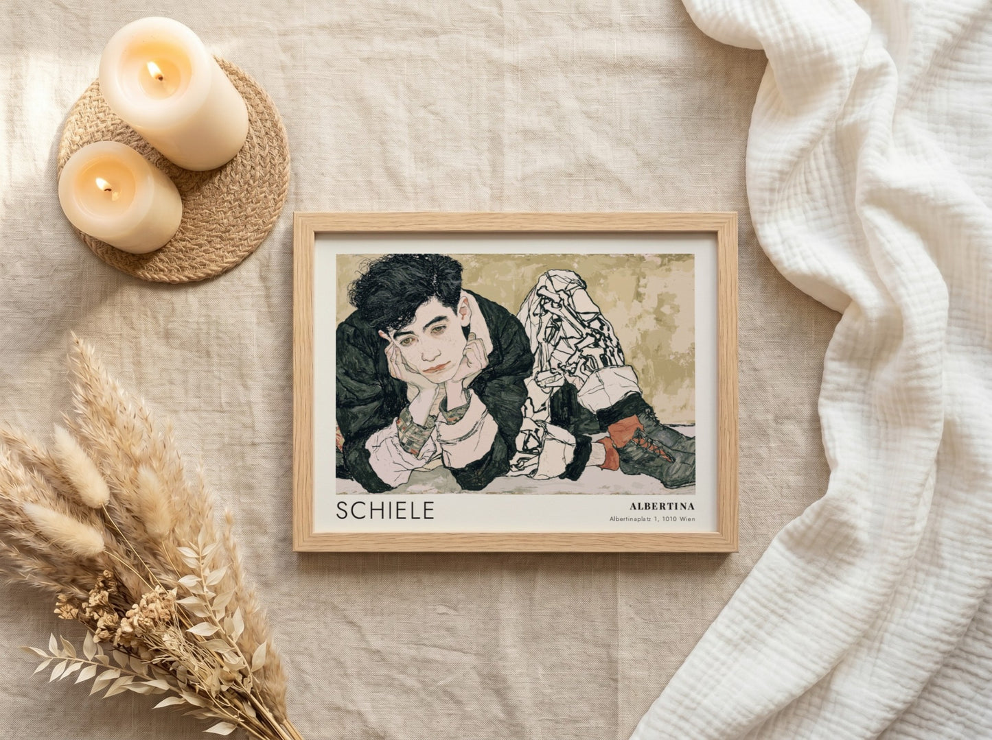 Wall art poster featuring an Egon Schiele portrait with Albertina text in muted tones.