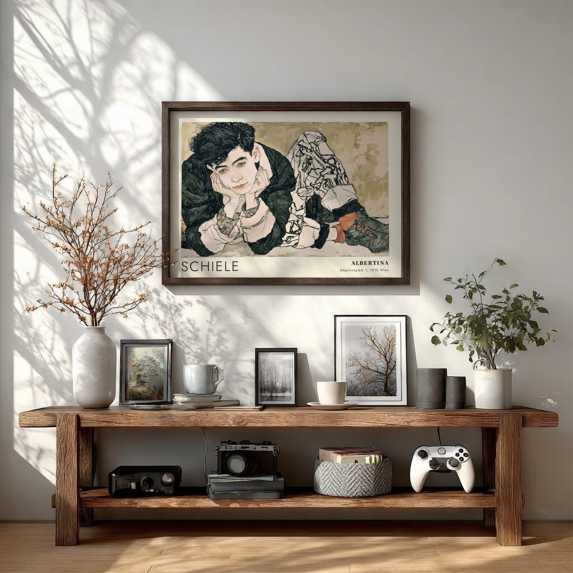 Wall art poster featuring an Egon Schiele portrait with Albertina text in muted tones.