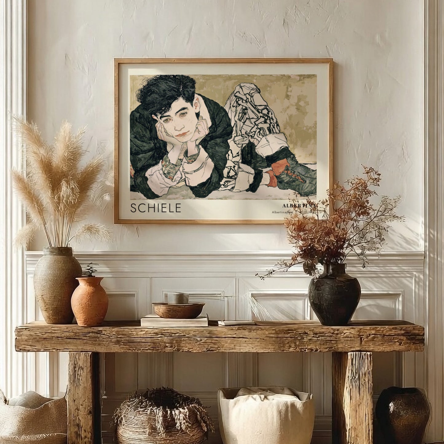 Wall art poster featuring an Egon Schiele portrait with Albertina text in muted tones.