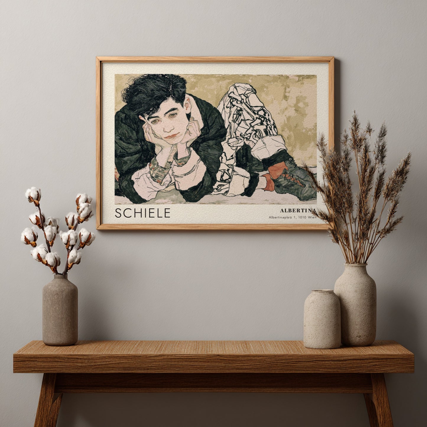 Wall art poster featuring an Egon Schiele portrait with Albertina text in muted tones.