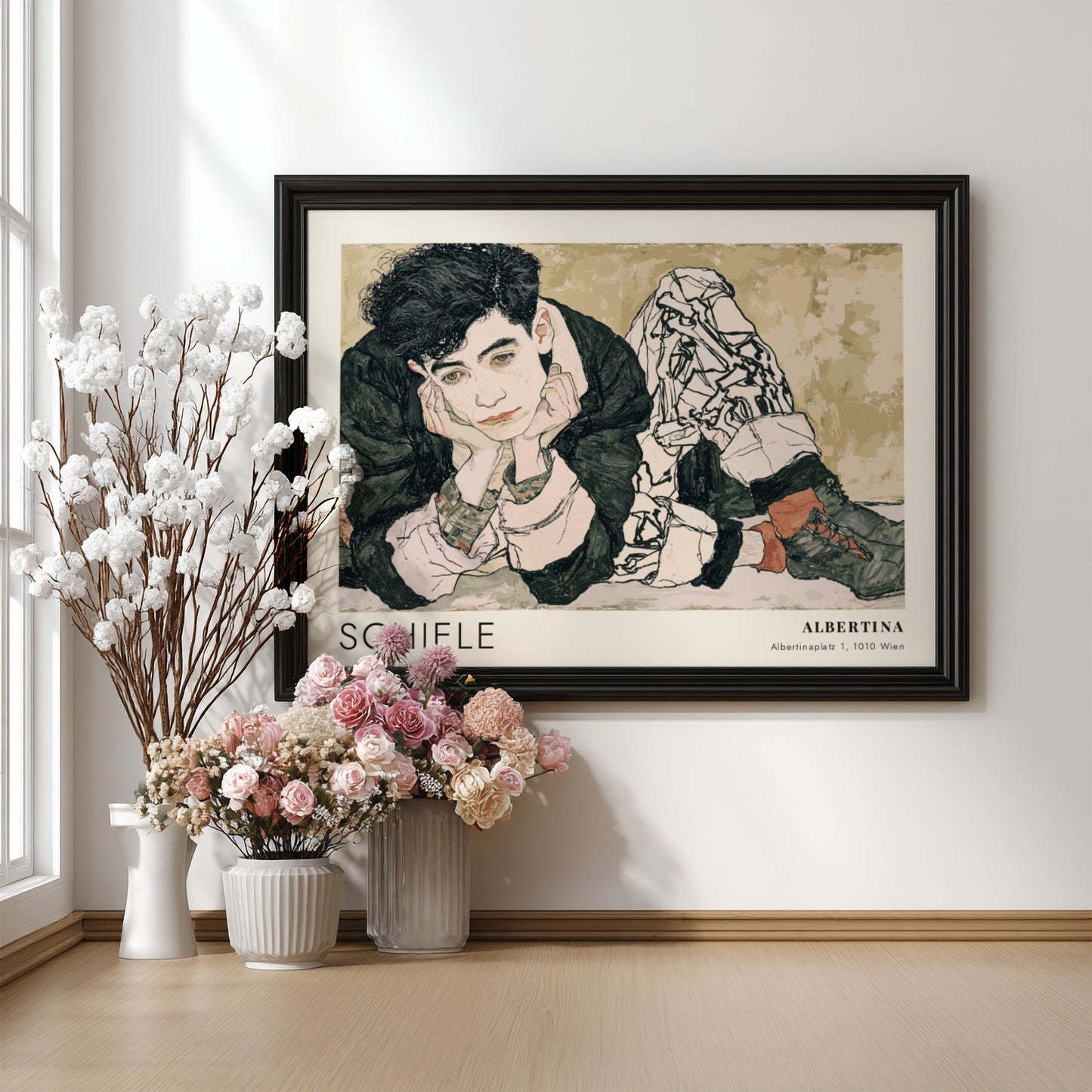Wall art poster featuring an Egon Schiele portrait with Albertina text in muted tones.