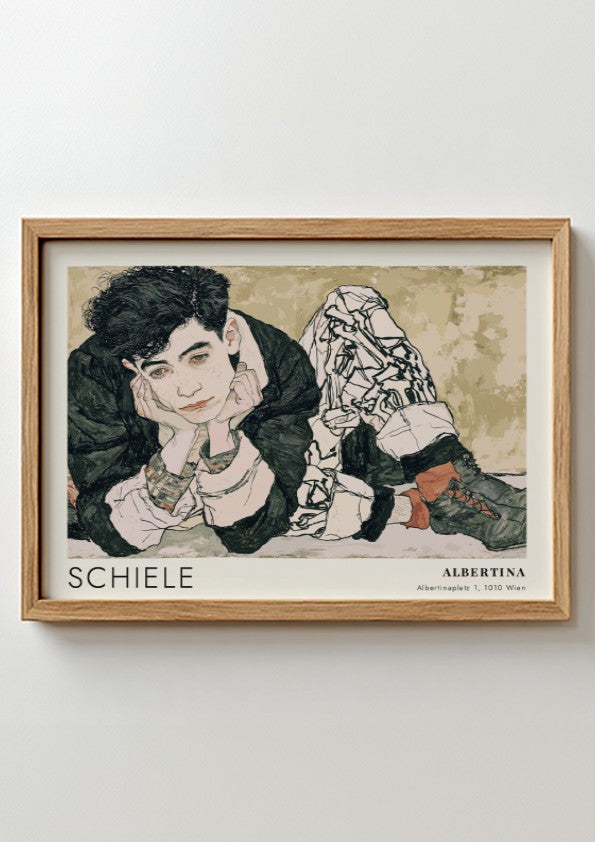 Wall art poster featuring an Egon Schiele portrait with Albertina text in muted tones.