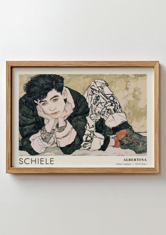 Wall art poster featuring an Egon Schiele portrait with Albertina text in muted tones.