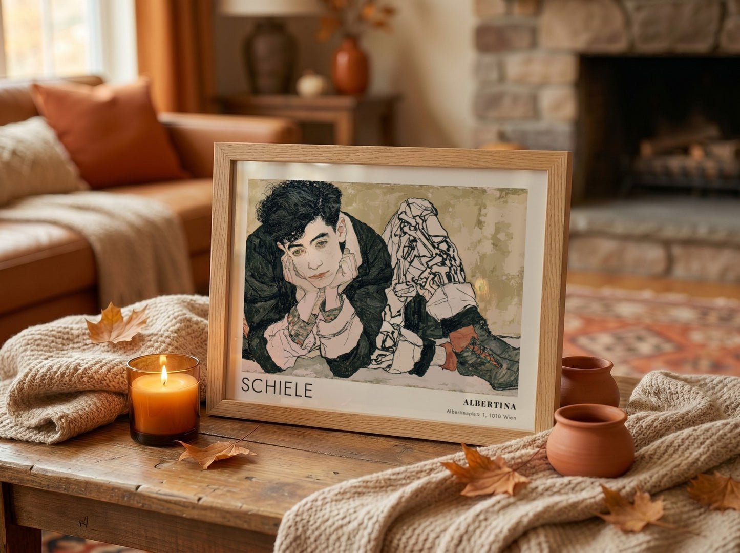 Wall art poster featuring an Egon Schiele portrait with Albertina text in muted tones.