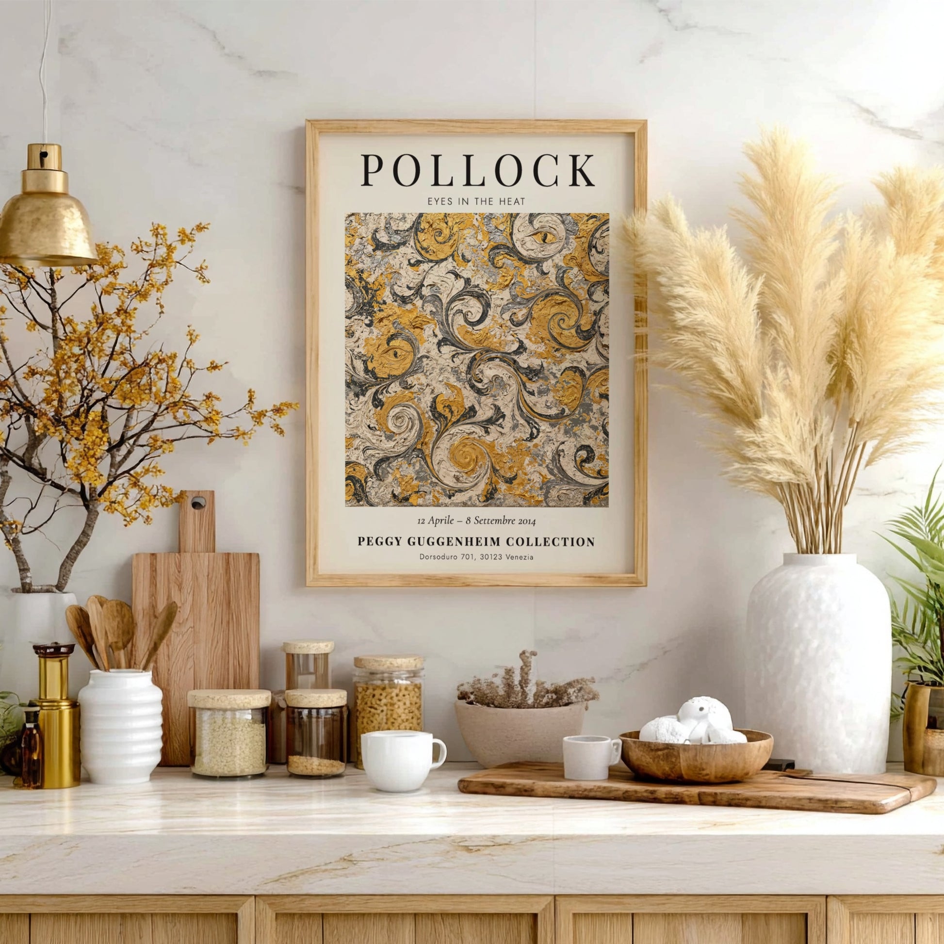 Wall art poster featuring Jackson Pollock Eyes in the Heat with swirling gold patterns.