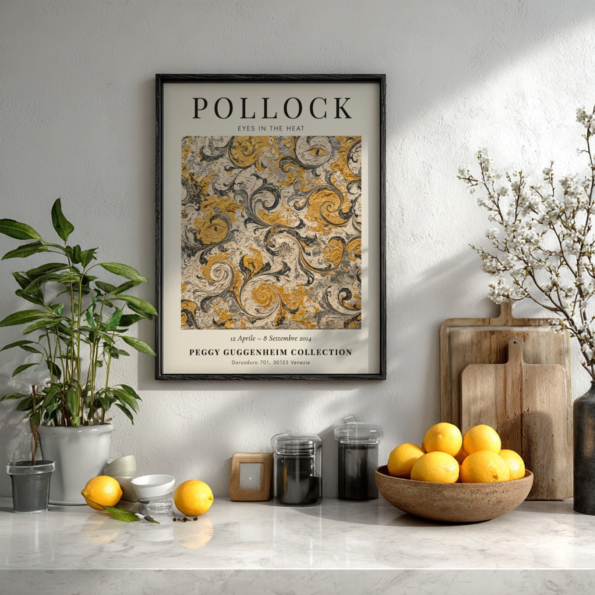 Wall art poster featuring Jackson Pollock Eyes in the Heat with swirling gold patterns.