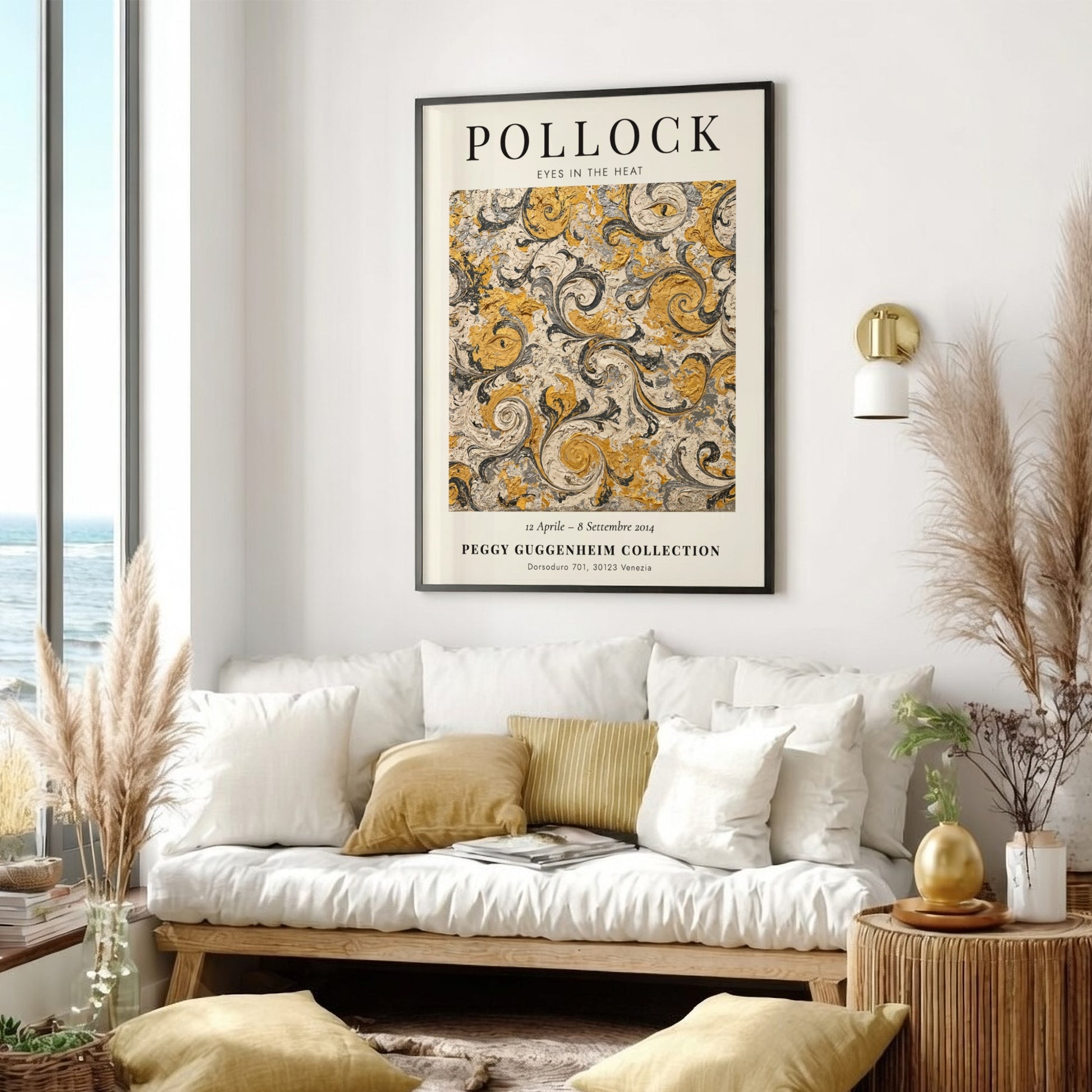Wall art poster featuring Jackson Pollock Eyes in the Heat with swirling gold patterns.