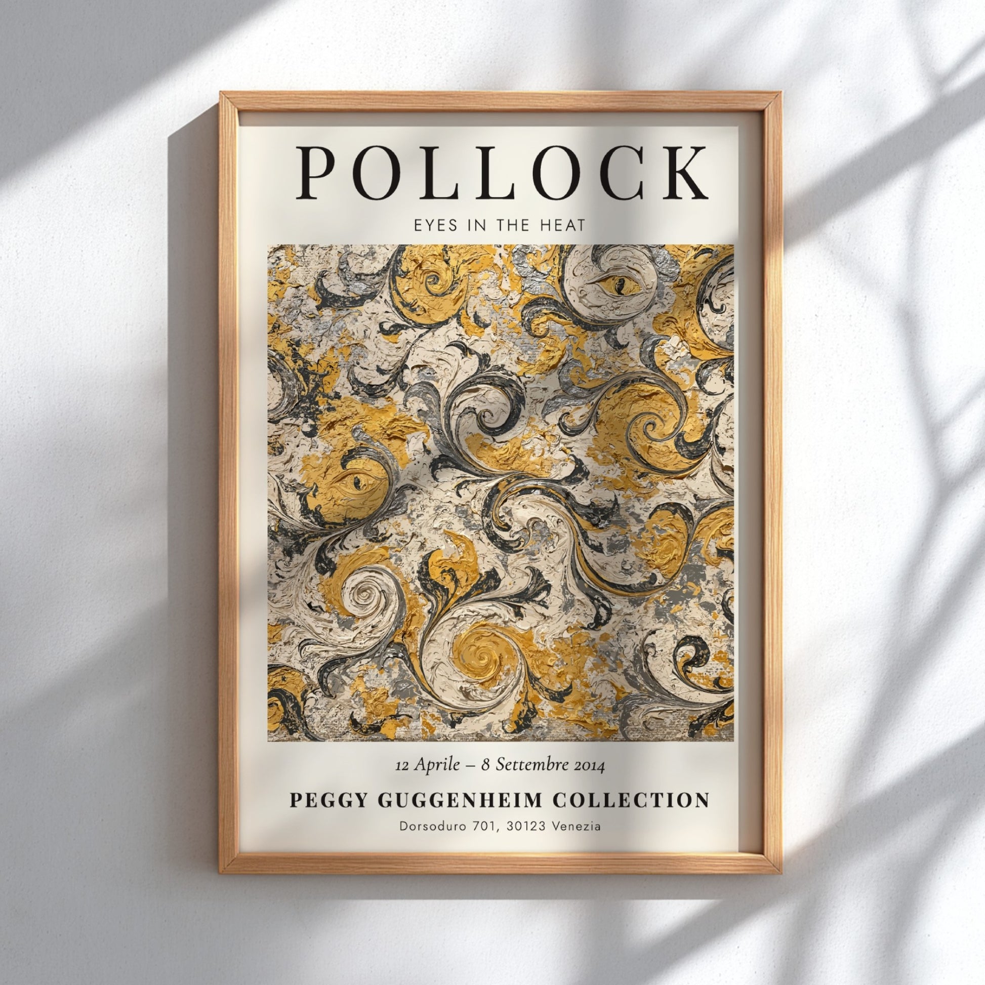 Wall art poster featuring Jackson Pollock Eyes in the Heat with swirling gold patterns.