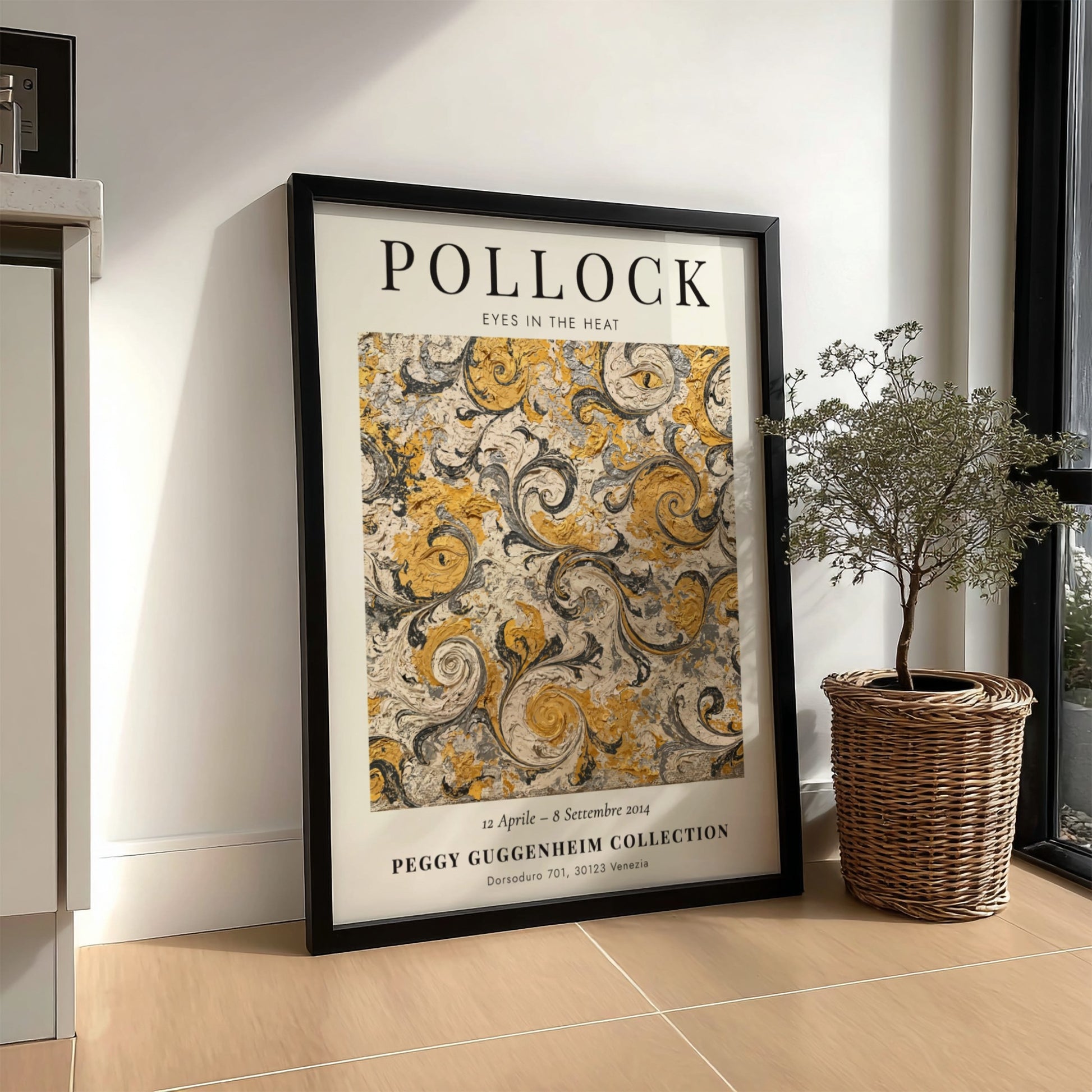 Wall art poster featuring Jackson Pollock Eyes in the Heat with swirling gold patterns.