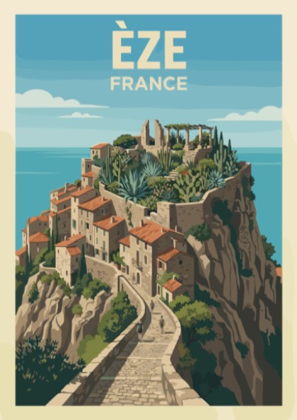 Poster of Èze France featuring a hilltop village with stone paths and cacti
