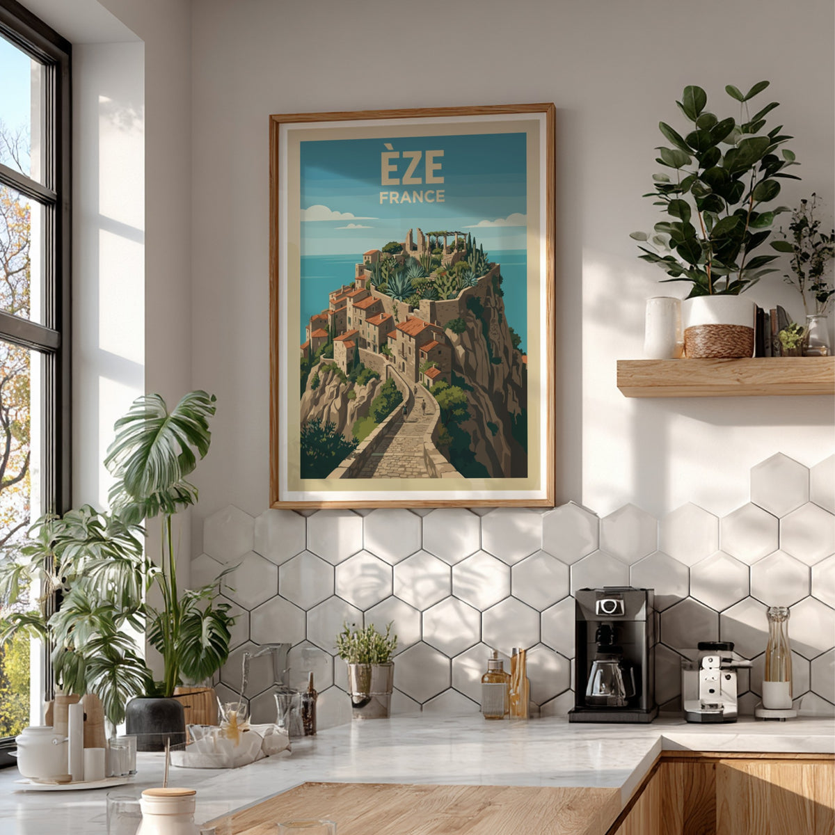 Poster of Èze France featuring a hilltop village with stone paths and cacti