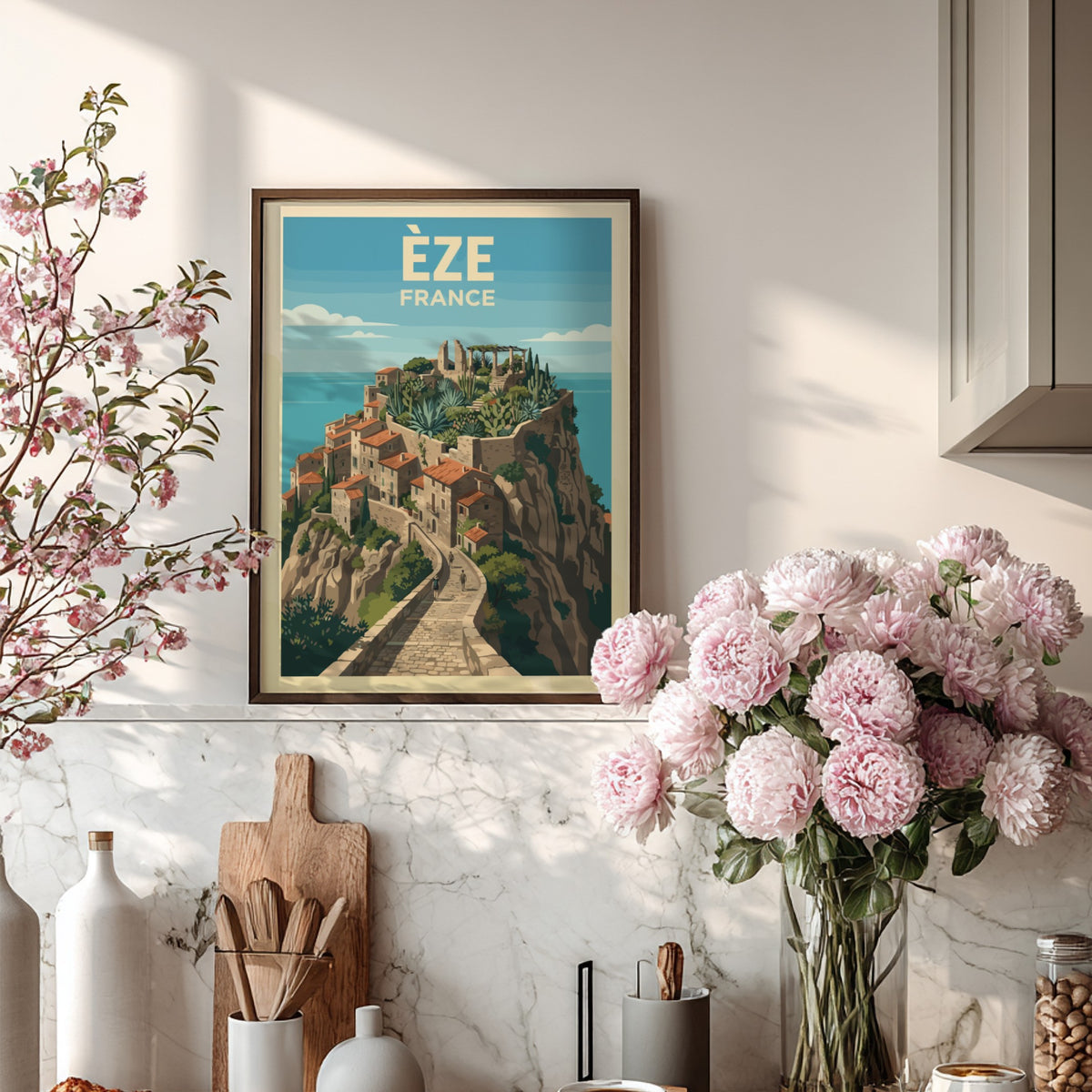 Poster of Èze France featuring a hilltop village with stone paths and cacti