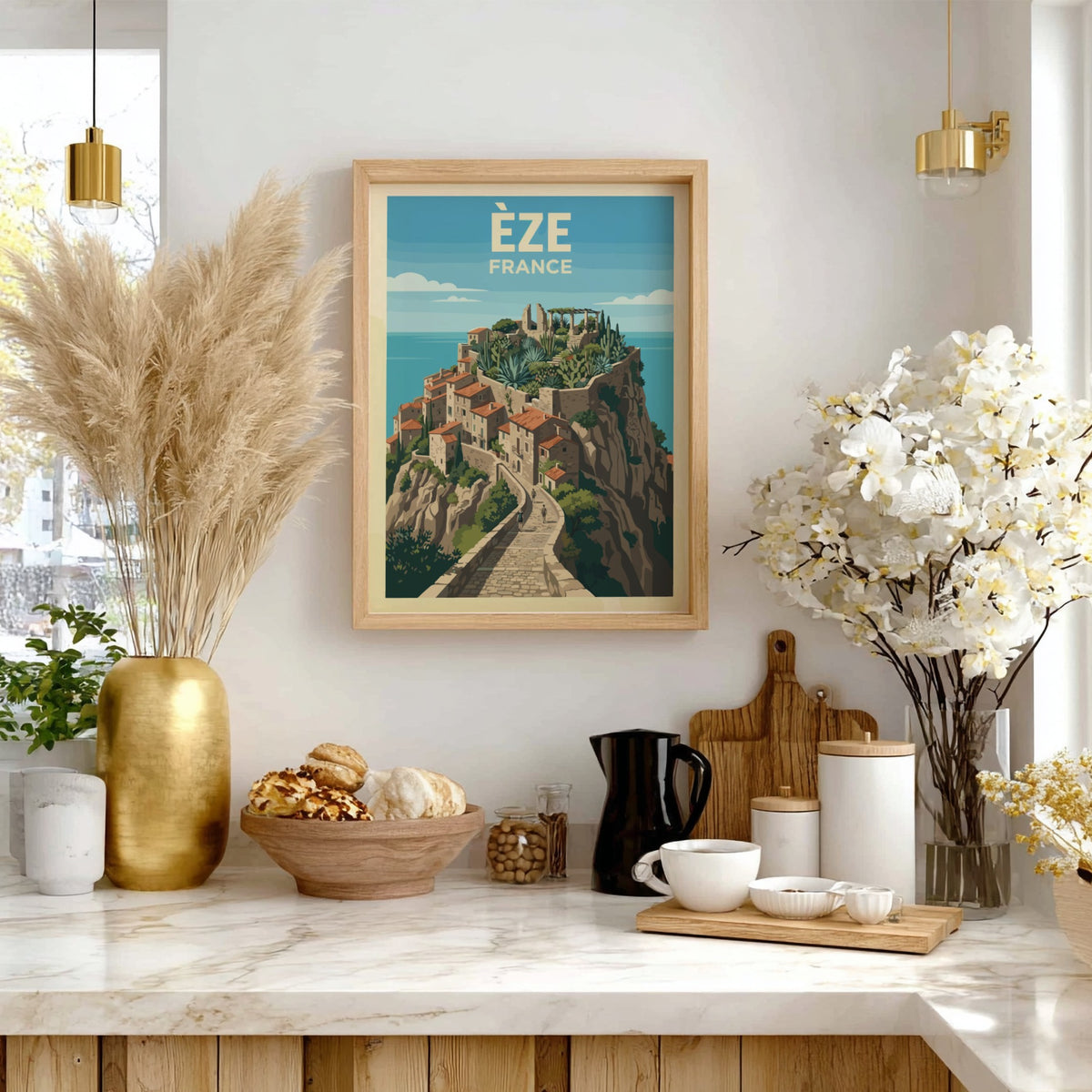Poster of Èze France featuring a hilltop village with stone paths and cacti