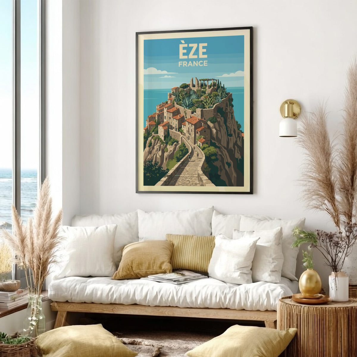 Poster of Èze France featuring a hilltop village with stone paths and cacti