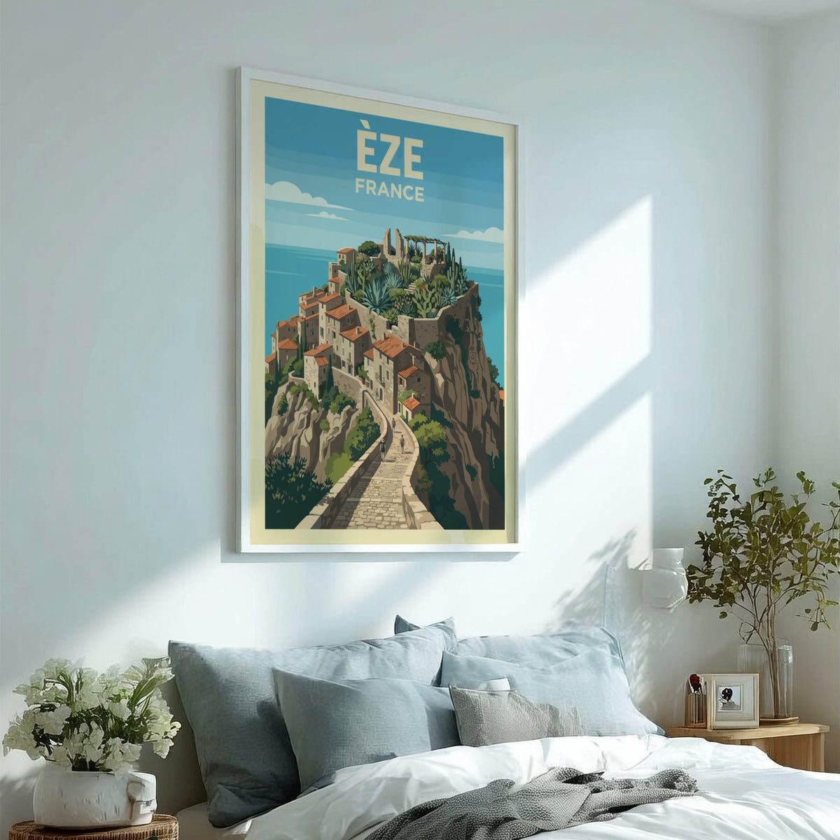 Poster of Èze France featuring a hilltop village with stone paths and cacti