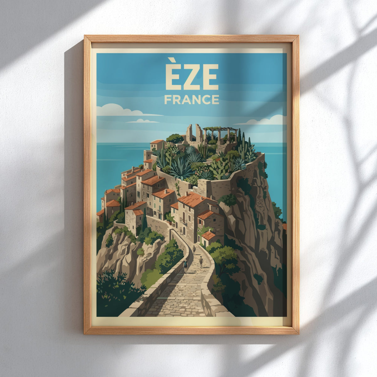 Poster of Èze France featuring a hilltop village with stone paths and cacti