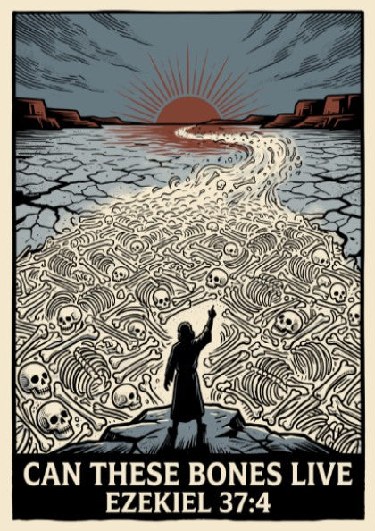 Poster featuring a prophet standing before a valley of bones under sunset skies