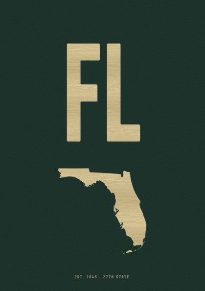 Florida poster featuring state abbreviation and outline in gold on green background, USA states wall art