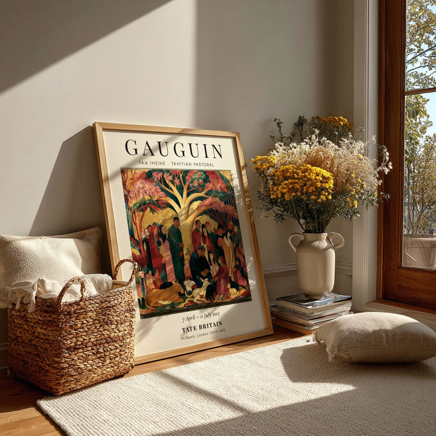 Gauguin exhibition poster featuring Faa Iheihe Tahitian Pastoral with vibrant colors and tropical scene
