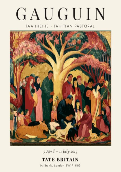 Gauguin exhibition poster featuring Faa Iheihe Tahitian Pastoral with vibrant colors and tropical scene