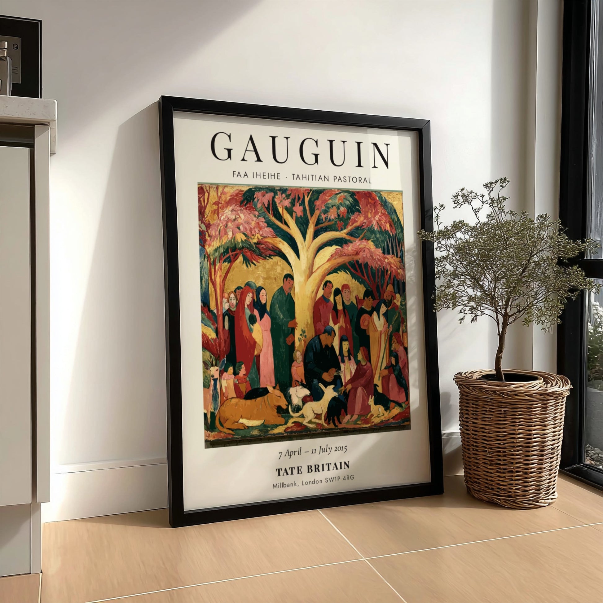 Gauguin exhibition poster featuring Faa Iheihe Tahitian Pastoral with vibrant colors and tropical scene