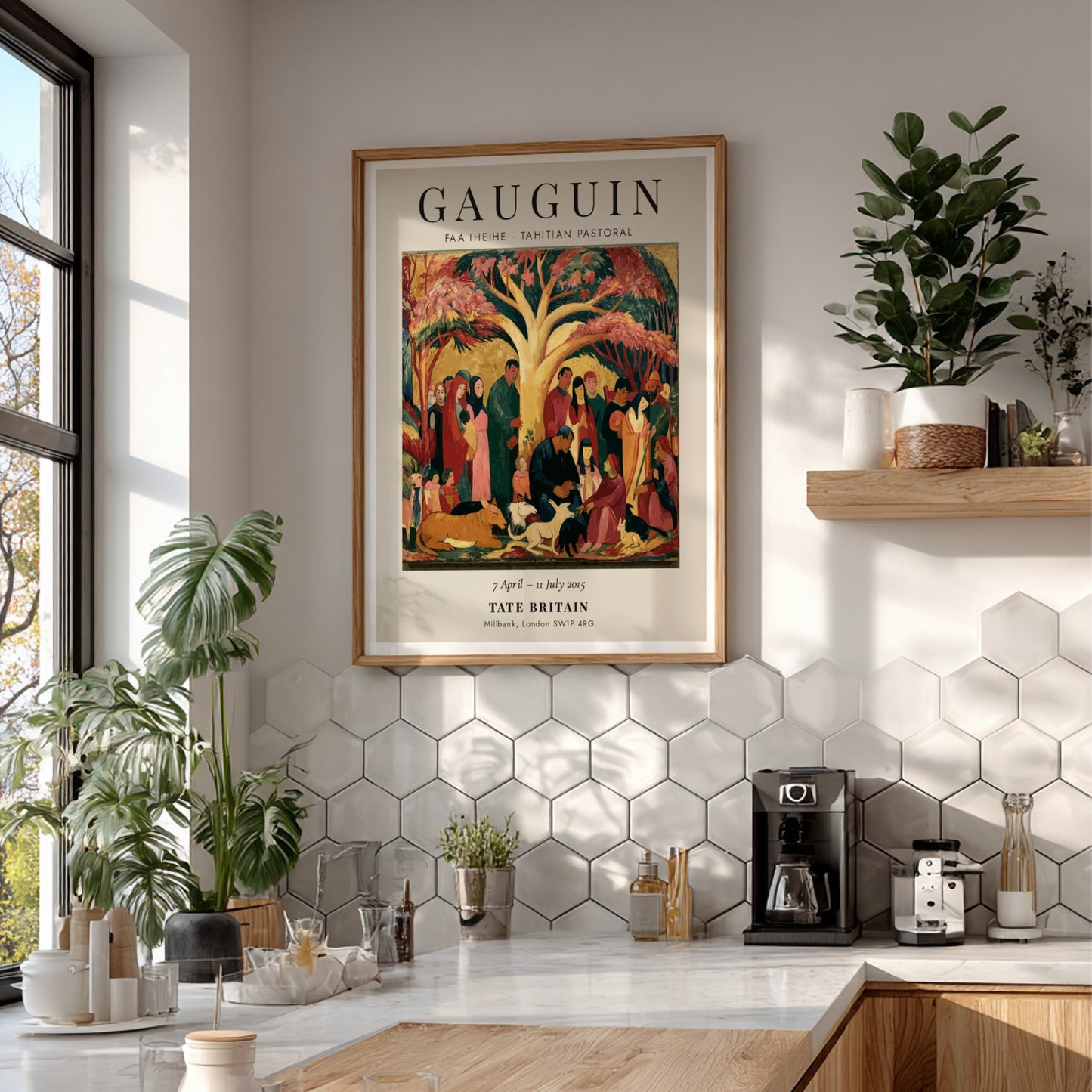 Gauguin exhibition poster featuring Faa Iheihe Tahitian Pastoral with vibrant colors and tropical scene