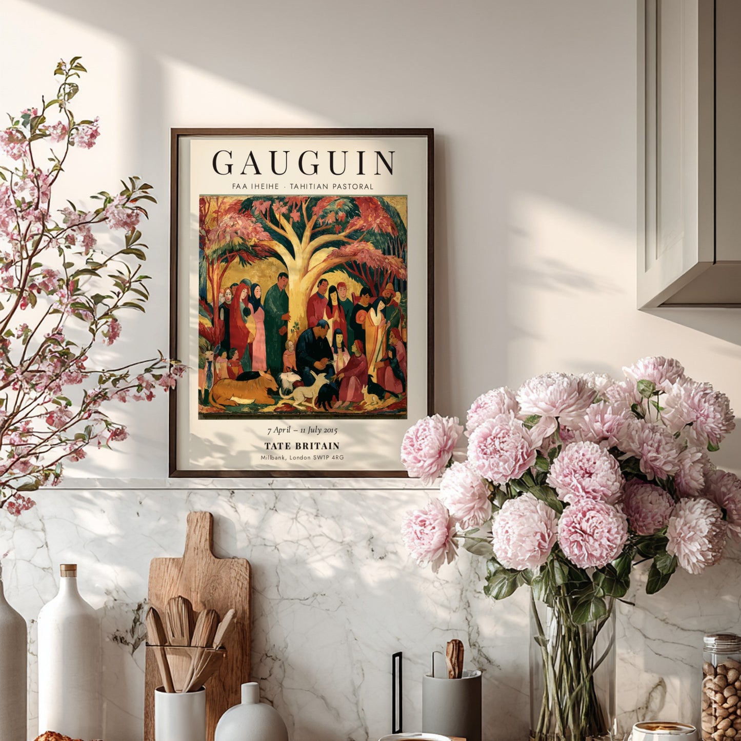 Gauguin exhibition poster featuring Faa Iheihe Tahitian Pastoral with vibrant colors and tropical scene