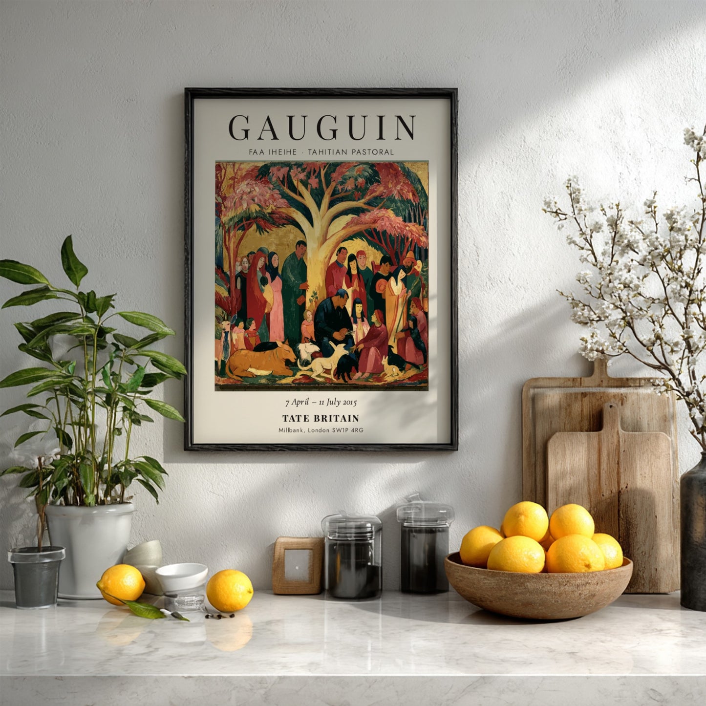 Gauguin exhibition poster featuring Faa Iheihe Tahitian Pastoral with vibrant colors and tropical scene