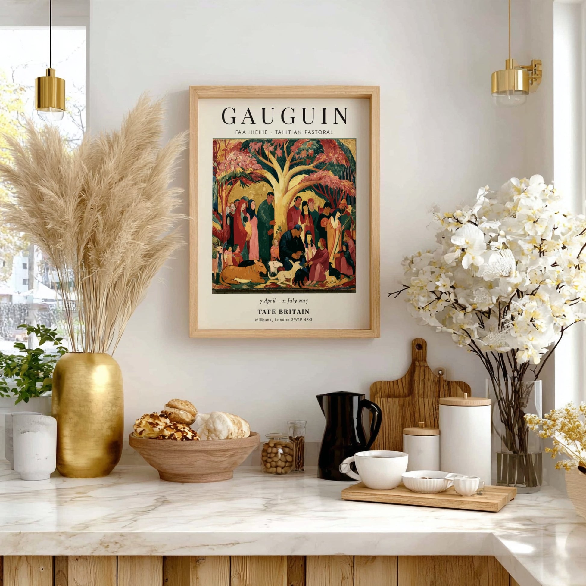 Gauguin exhibition poster featuring Faa Iheihe Tahitian Pastoral with vibrant colors and tropical scene