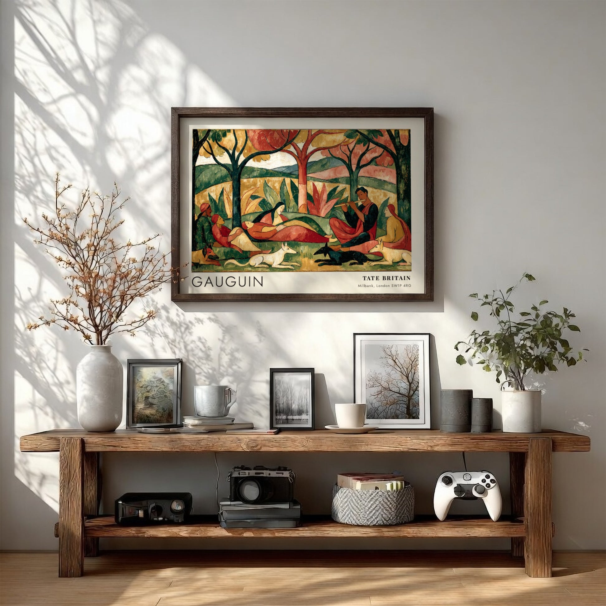 Wall art poster of Gauguin Faa Iheihe featuring Tahitian figures and animals in landscape.