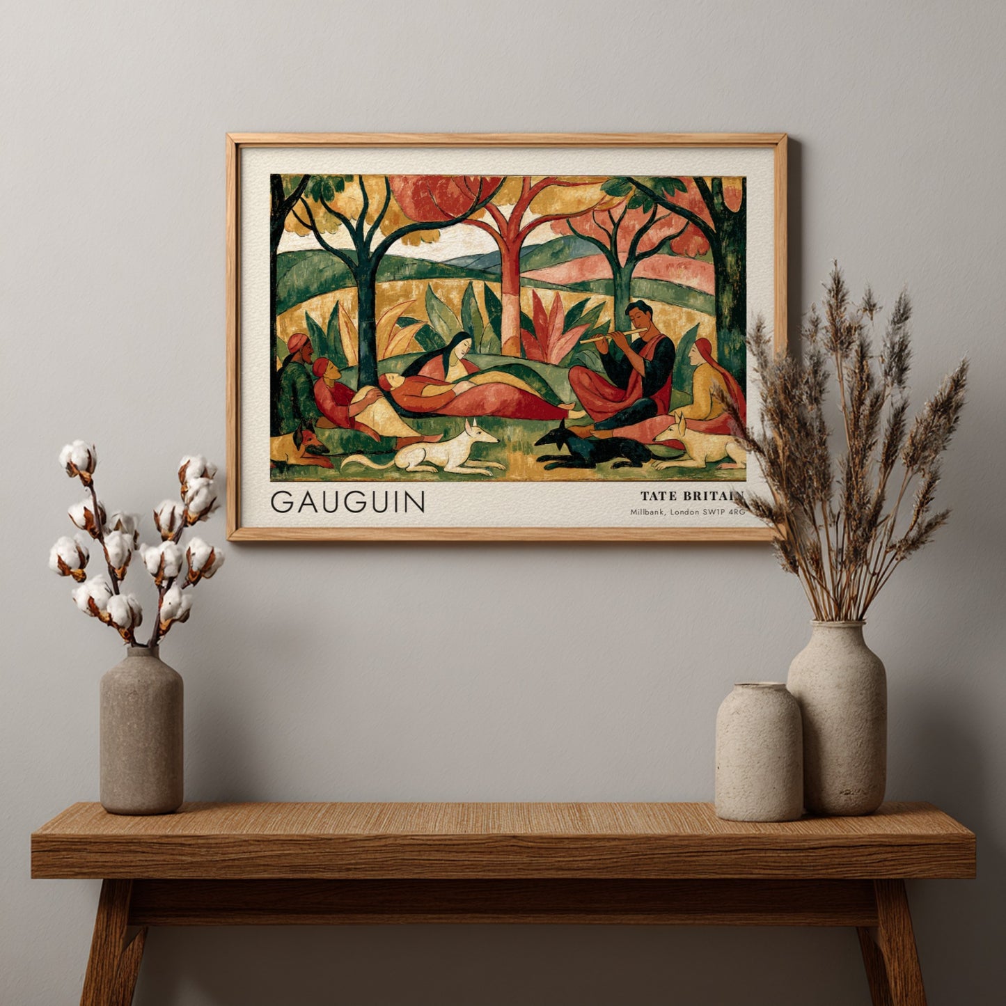 Wall art poster of Gauguin Faa Iheihe featuring Tahitian figures and animals in landscape.