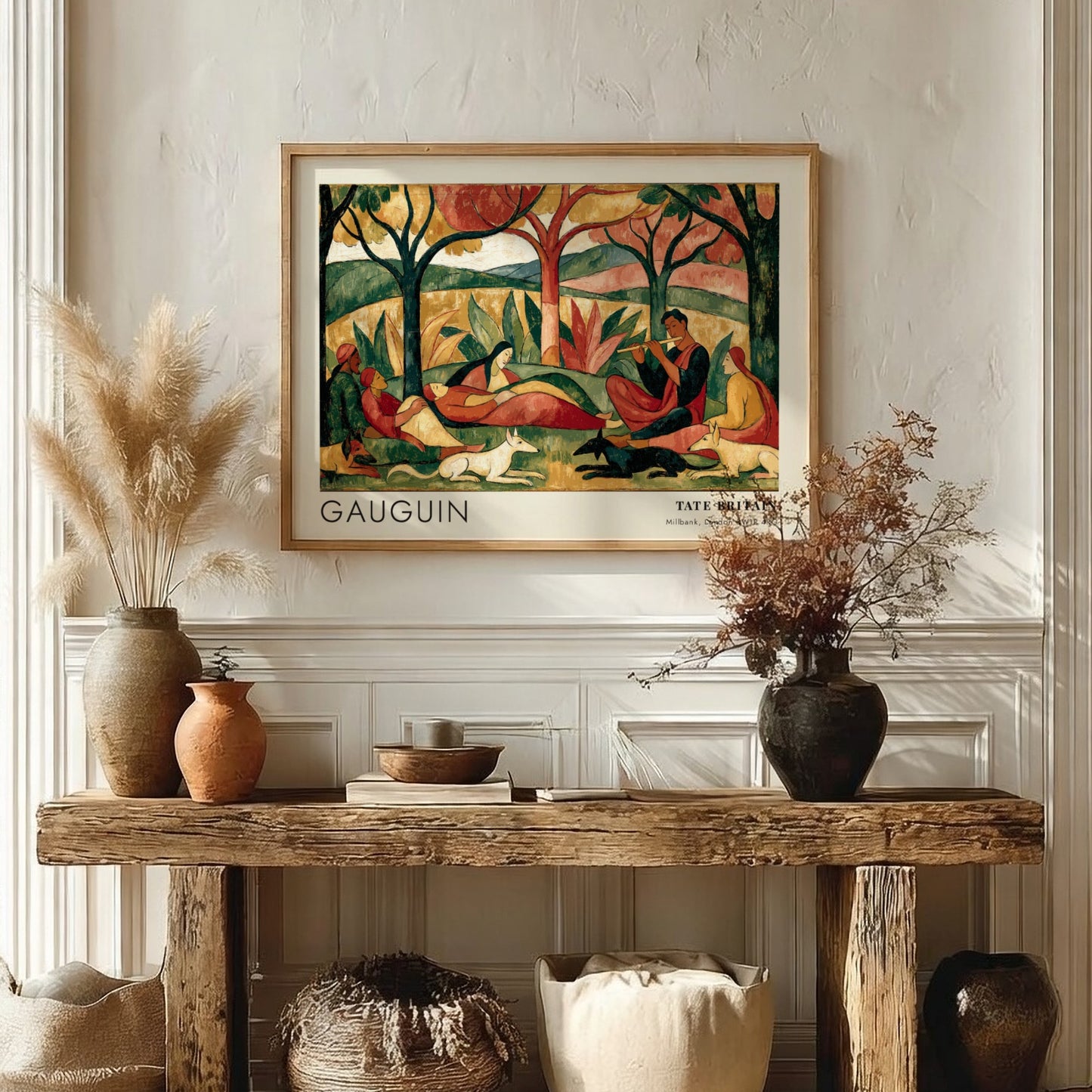 Wall art poster of Gauguin Faa Iheihe featuring Tahitian figures and animals in landscape.