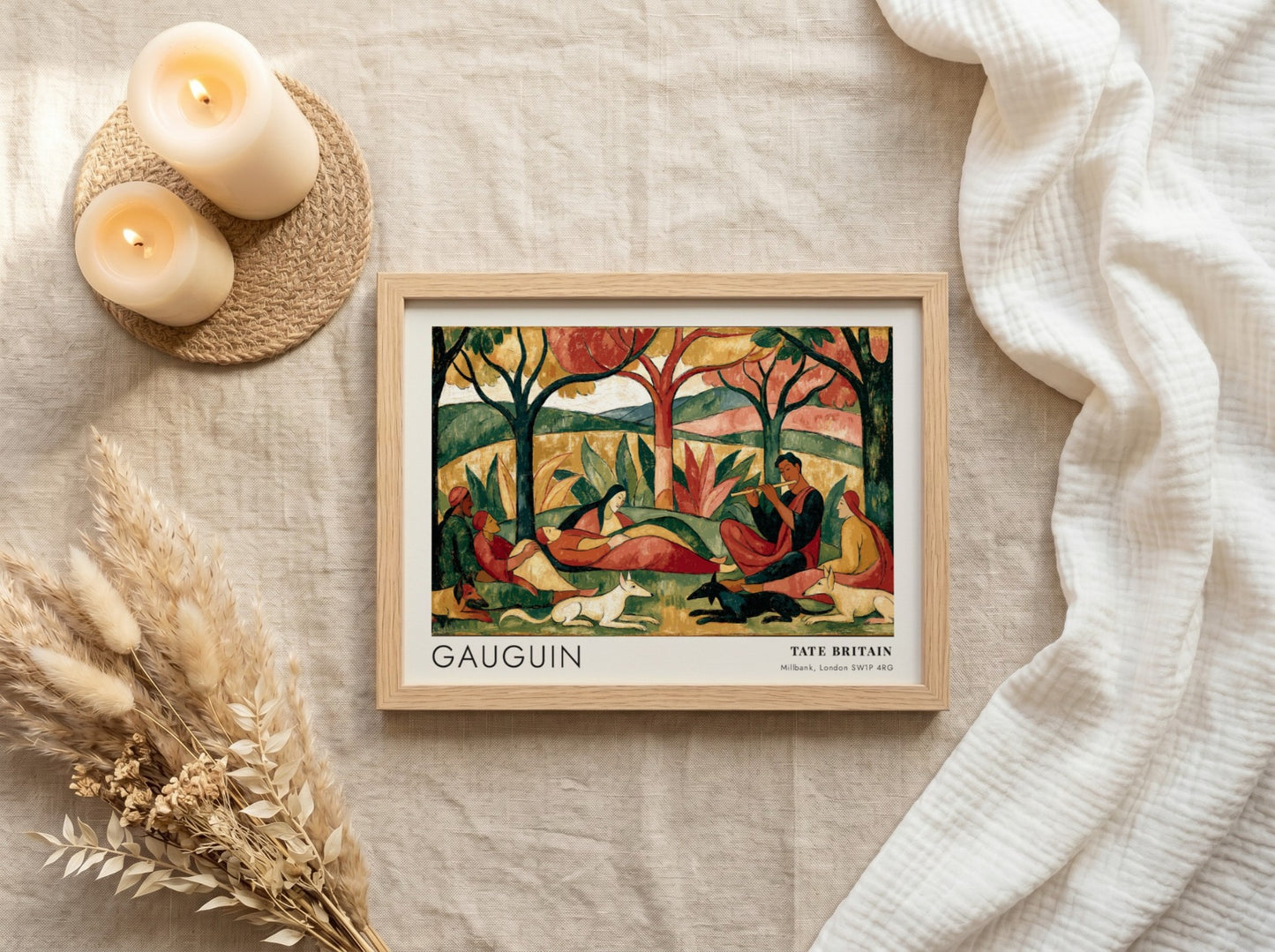 Wall art poster of Gauguin Faa Iheihe featuring Tahitian figures and animals in landscape.
