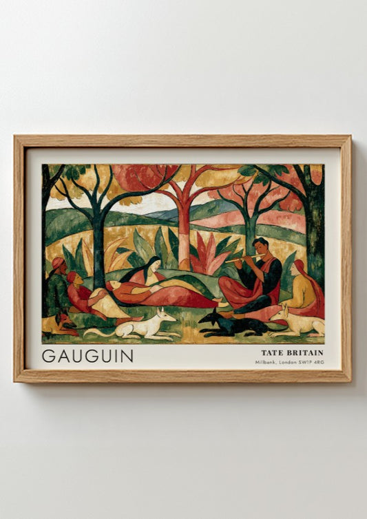 Wall art poster of Gauguin Faa Iheihe featuring Tahitian figures and animals in landscape.