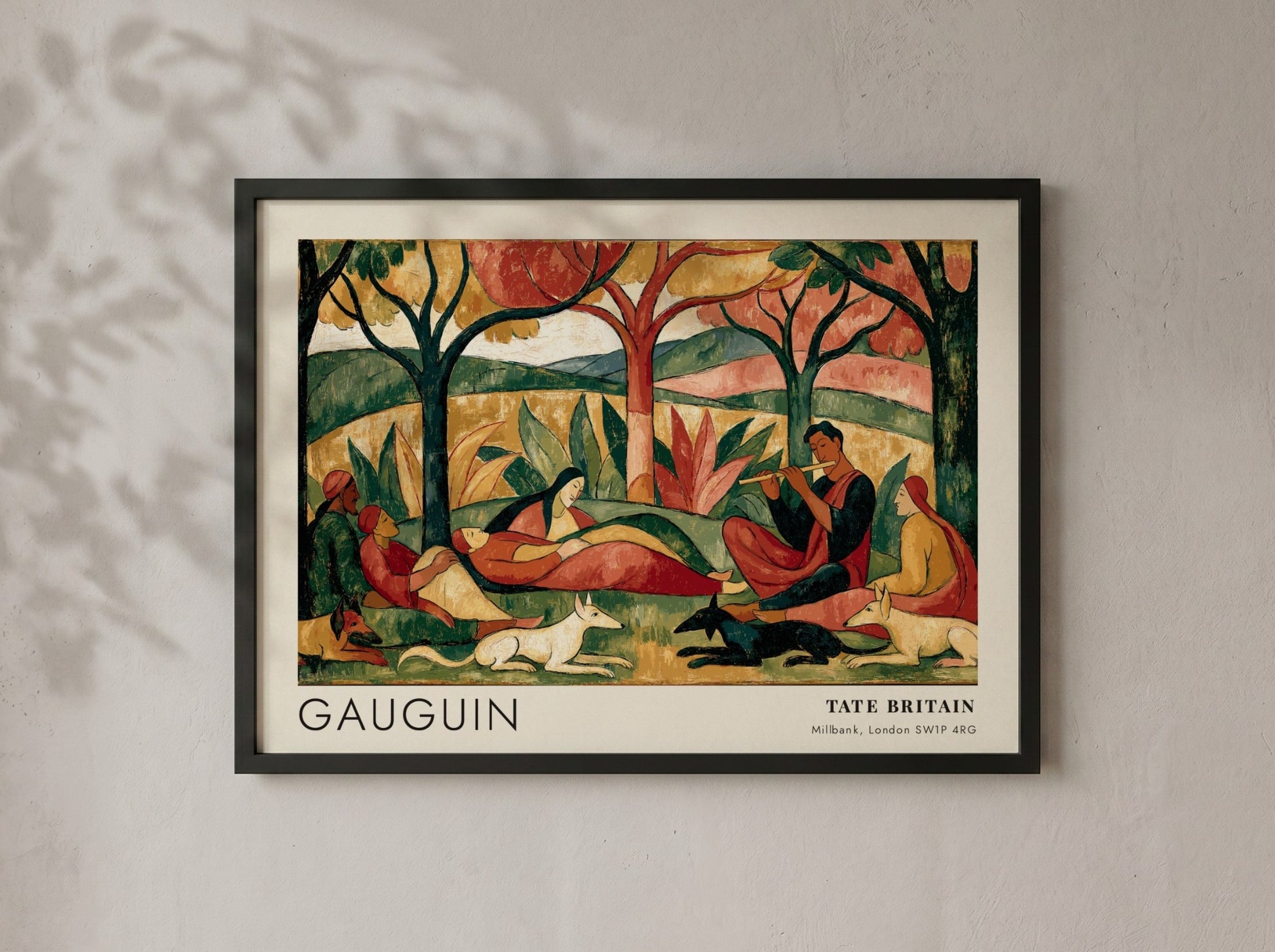 Wall art poster of Gauguin Faa Iheihe featuring Tahitian figures and animals in landscape.