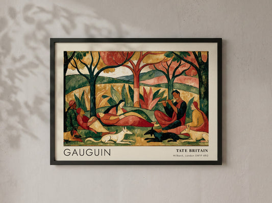 Wall art poster of Gauguin Faa Iheihe featuring Tahitian figures and animals in landscape.