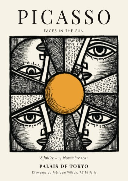 Faces in the Sun poster featuring Picasso inspired design with bold lines and warm colors