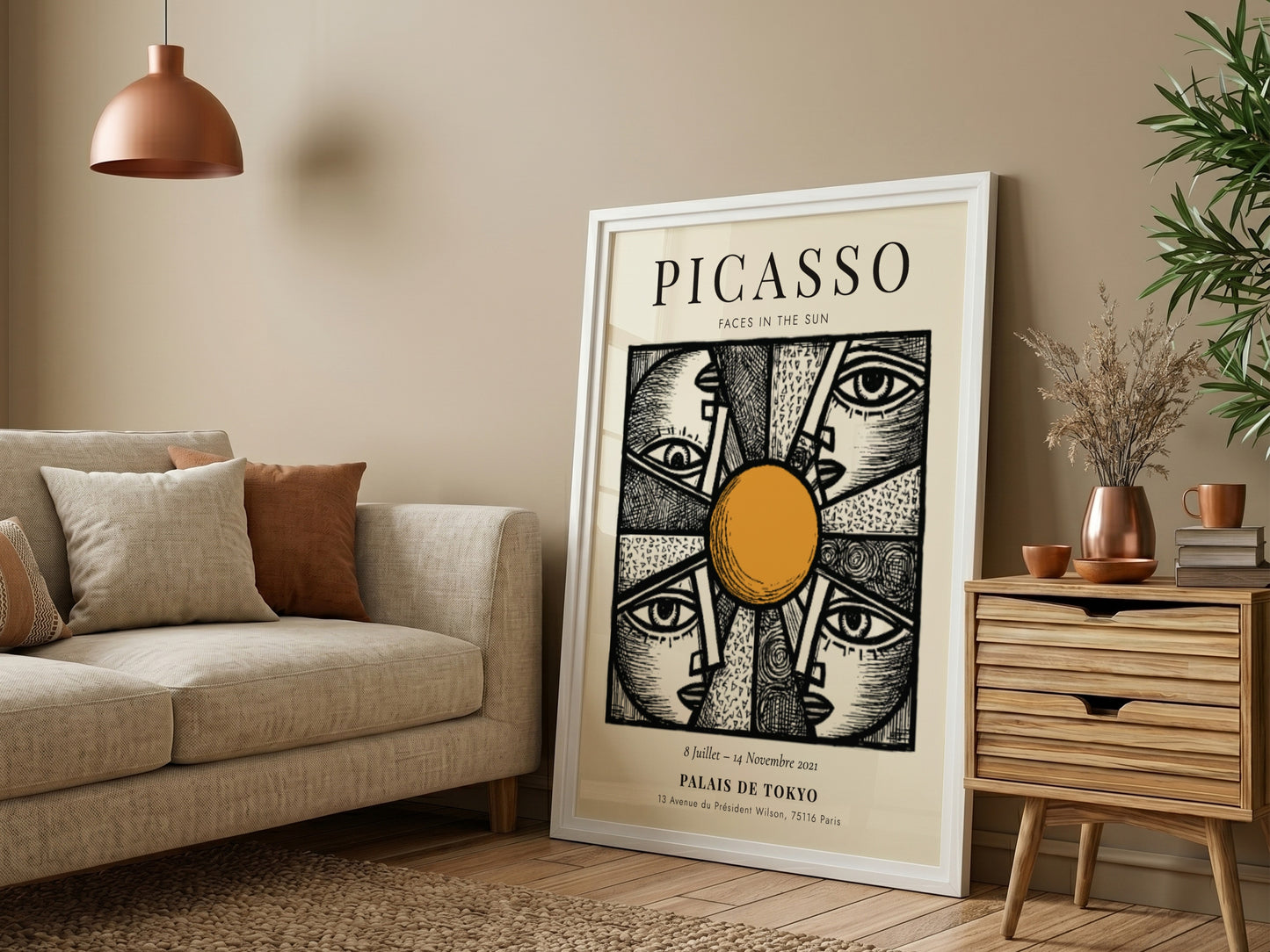 Faces in the Sun poster featuring Picasso inspired design with bold lines and warm colors