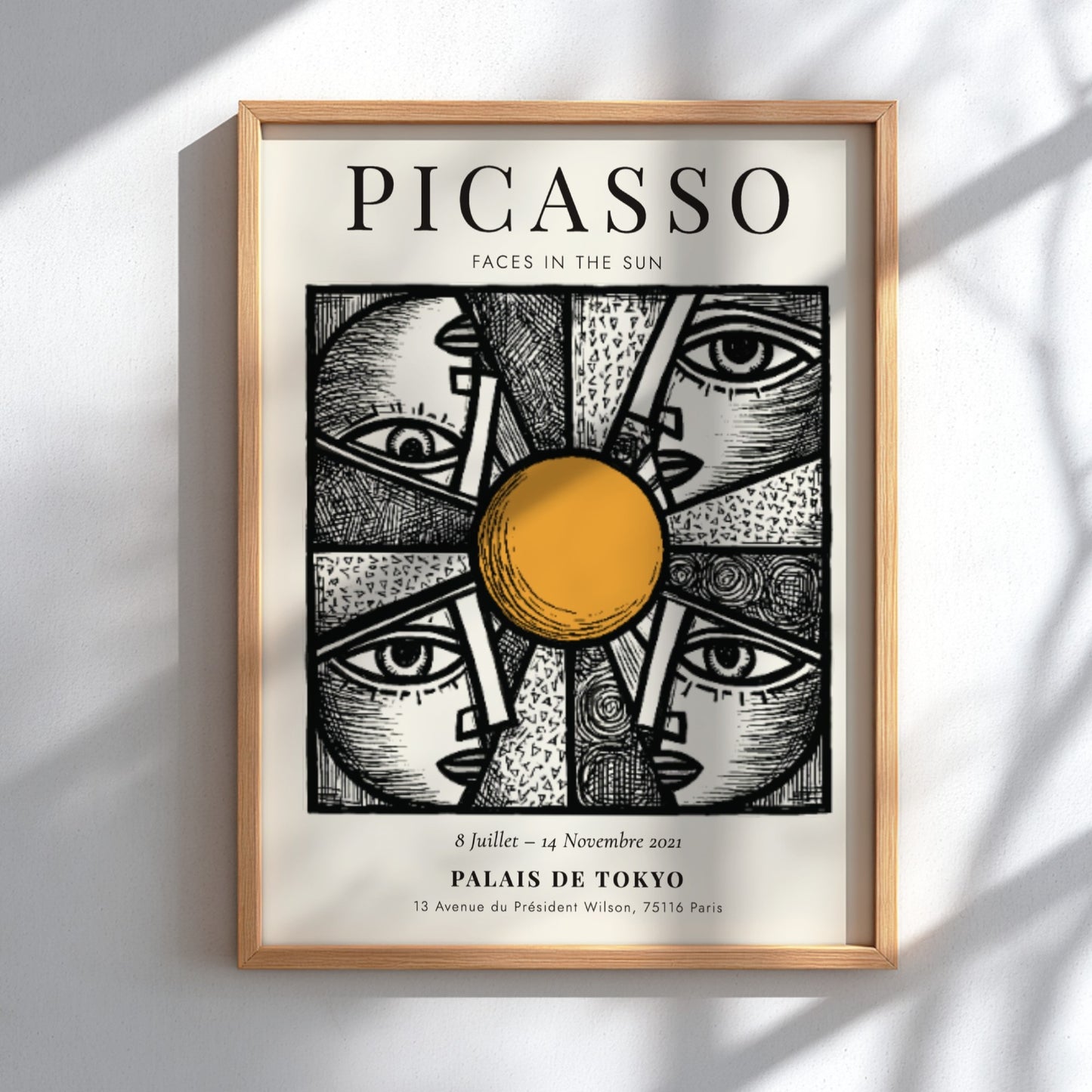 Faces in the Sun poster featuring Picasso inspired design with bold lines and warm colors