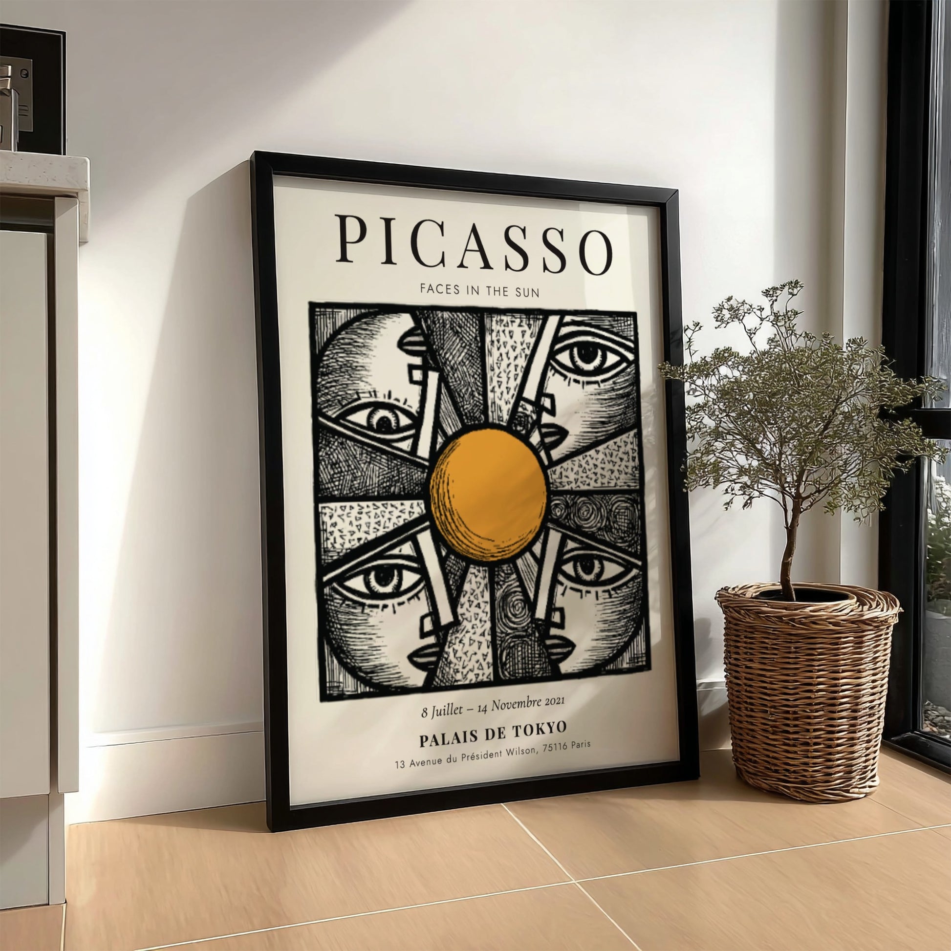 Faces in the Sun poster featuring Picasso inspired design with bold lines and warm colors