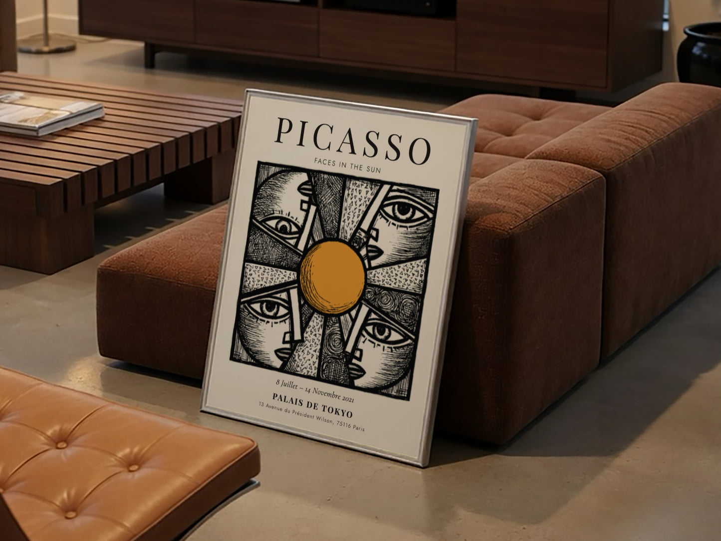 Faces in the Sun poster featuring Picasso inspired design with bold lines and warm colors