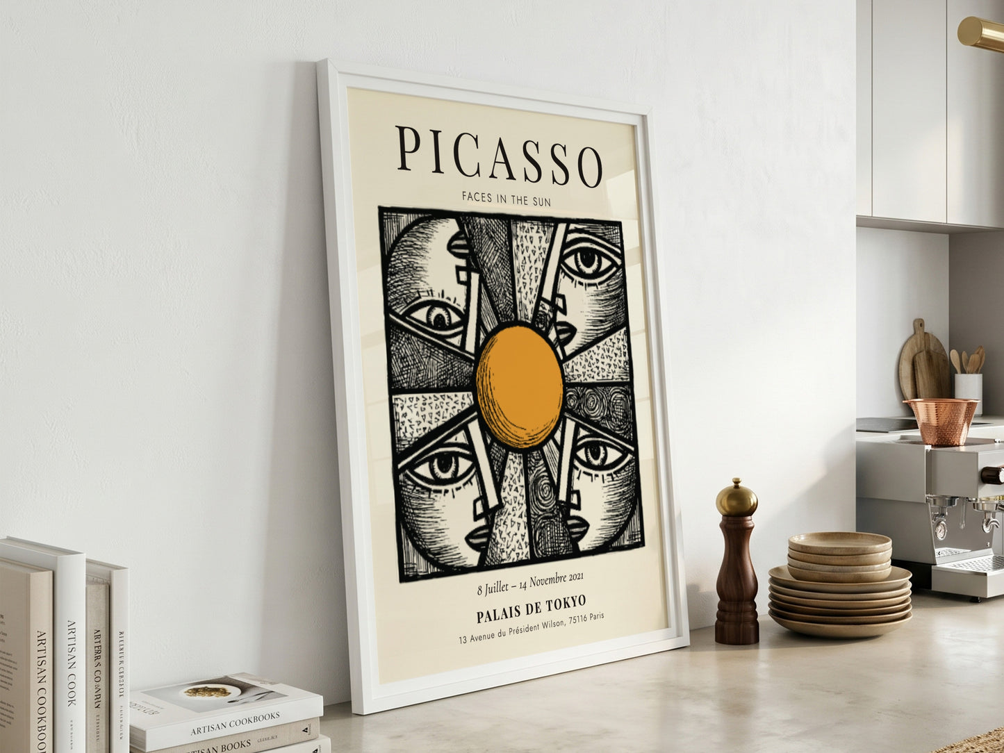 Faces in the Sun poster featuring Picasso inspired design with bold lines and warm colors