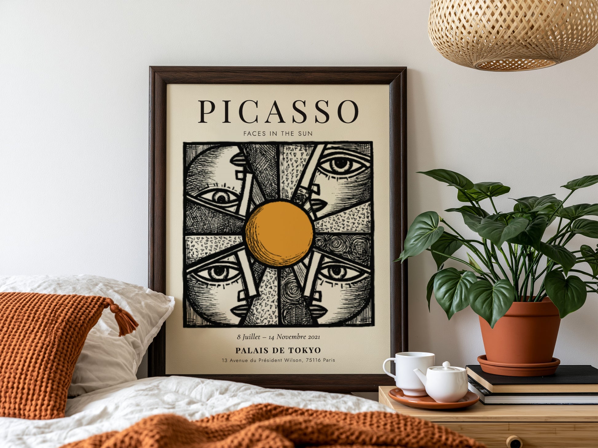 Faces in the Sun poster featuring Picasso inspired design with bold lines and warm colors