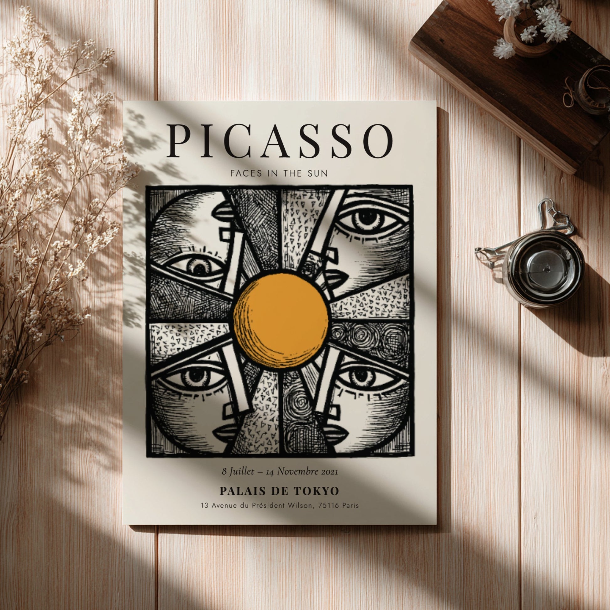 Faces in the Sun poster featuring Picasso inspired design with bold lines and warm colors
