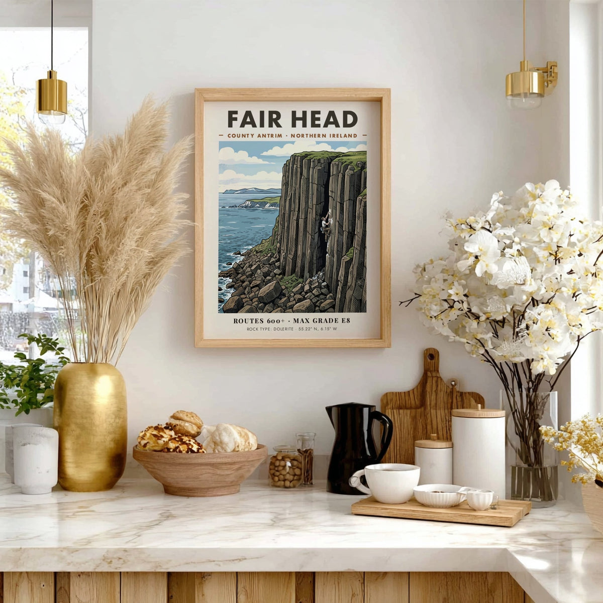 Poster of a climber on the massive basalt cliffs at Fair Head, Ireland.